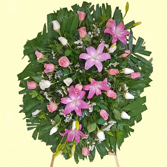 Medallón Luctuoso Con 24 Rosas Rosas y Lilis Rosas